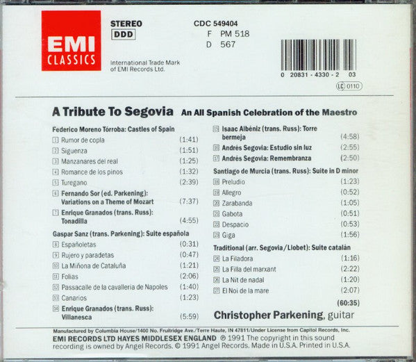 Christopher Parkening : A Tribute To Segovia (CD, Album)