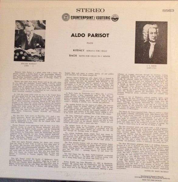 Aldo Parisot - Zoltán Kodály, Johann Sebastian Bach : Kodaly Sonata For Cello Alone / Bach Suite #5 For Cello Alone (LP, RP, Gre)