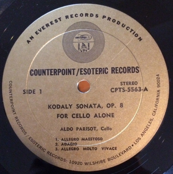 Aldo Parisot - Zoltán Kodály, Johann Sebastian Bach : Kodaly Sonata For Cello Alone / Bach Suite #5 For Cello Alone (LP, RP, Gre)