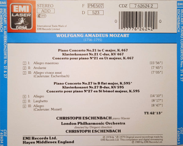 Wolfgang Amadeus Mozart – Christoph Eschenbach : Piano Concertos • Klavierkonzerte • Concertos Pour Piano 21 & 27 (CD, Comp, RM)
