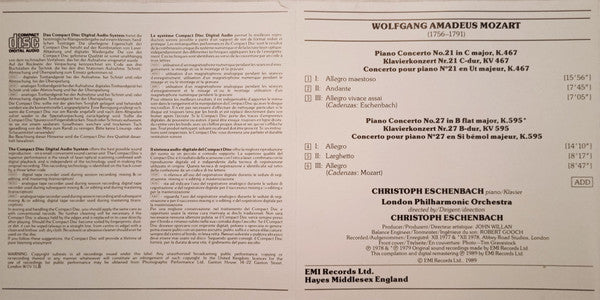Wolfgang Amadeus Mozart – Christoph Eschenbach : Piano Concertos • Klavierkonzerte • Concertos Pour Piano 21 & 27 (CD, Comp, RM)