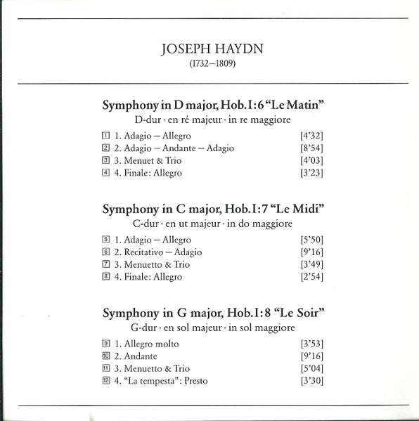 Joseph Haydn, The English Concert, Trevor Pinnock : Symphonies "Le Matin - Le Midi - Le Soir" (CD)