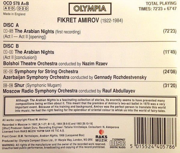 Фикрет Амиров - Hазим Рзаев • Gennadi Rozhdestvensky • Rauf Abdullayev : The Arabian Nights (Complete Ballet • First Recording) / Symphony For String Orchestra / Shur (2xCD, Comp)