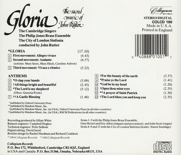 The Cambridge Singers, Philip Jones Brass Ensemble, City Of London Sinfonia, John Rutter - Gloria: The Sacred Music Of John Rutter (CD) (VG+) - Endless Media