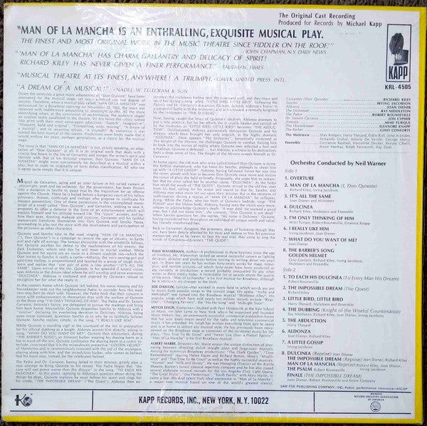 "Man Of La Mancha" Original Broadway Cast, Richard Kiley, Irving Jacobson, Ray Middleton, Robert Rounseville, Joan Diener - Man Of La Mancha (LP) (VG) - Endless Media