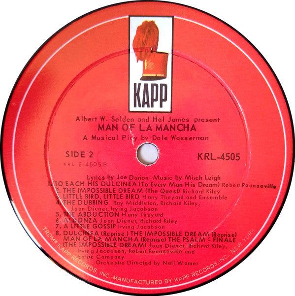 "Man Of La Mancha" Original Broadway Cast, Richard Kiley, Irving Jacobson, Ray Middleton, Robert Rounseville, Joan Diener - Man Of La Mancha (LP) (VG) - Endless Media