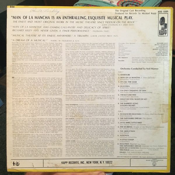 "Man Of La Mancha" Original Broadway Cast, Richard Kiley, Joan Diener, Irving Jacobson, Robert Rounseville, Ray Middleton - Man Of La Mancha (LP) (VG+) - Endless Media