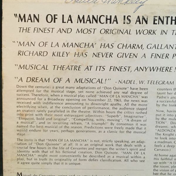 "Man Of La Mancha" Original Broadway Cast, Richard Kiley, Joan Diener, Irving Jacobson, Robert Rounseville, Ray Middleton - Man Of La Mancha (LP) (VG+) - Endless Media