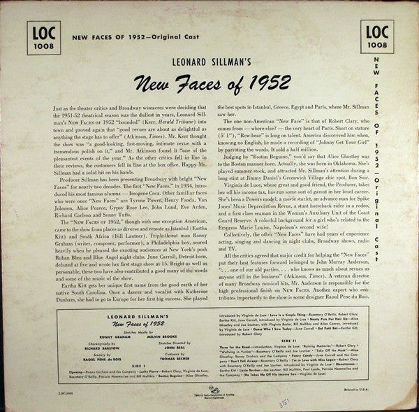 "New Faces Of 1952" Cast - Leonard Sillman's New Faces Of 1952 (LP) (G+) - Endless Media
