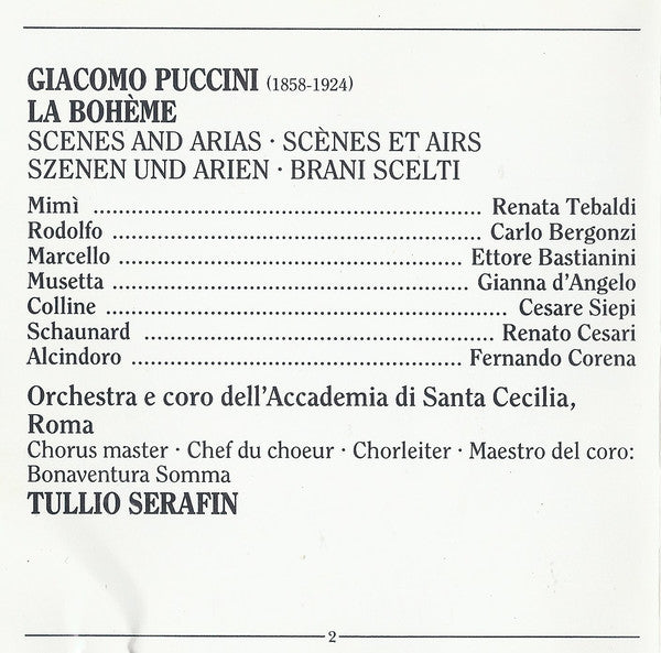 Giacomo Puccini, Renata Tebaldi, Carlo Bergonzi, Ettore Bastianini, Gianna D'Angelo, Cesare Siepi, Tullio Serafin - La Bohème Scenes And Arias (CD) (VG+) - Endless Media