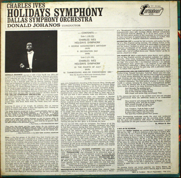 Charles Ives - Dallas Symphony Orchestra, Donald Johanos - Holidays Symphony (LP) (VG+) - Endless Media