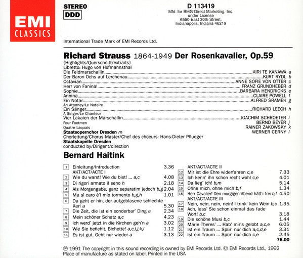 Richard Strauss – Kiri Te Kanawa • Anne Sofie Von Otter • Barbara Hendricks • Kurt Rydl • Richard Leech • Franz Grundheber / Staatskapelle Dresden, Bernard Haitink - Der Rosenkavalier (Highlights • Querschnitt • Extraits) (CD) (VG+) - Endless Media