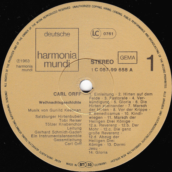Carl Orff, Gunild Keetman, Salzburger Hirtenbuben, Tobi Reiser, Tölzer Knabenchor, Gerhard Schmidt-Gaden - Weihnachtsgeschichte • Weihnachtslieder (LP) (M) - Endless Media