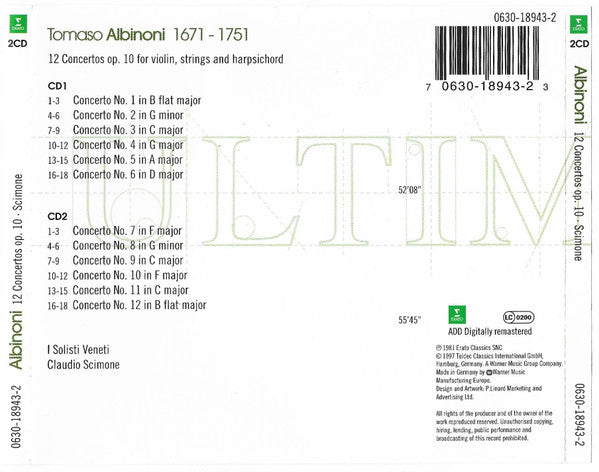 Tomaso Albinoni, I Solisti Veneti, Claudio Scimone - 12 Concertos Op.10 For Violin, Strings And Harpsicord (2xCD) (VG) - Endless Media