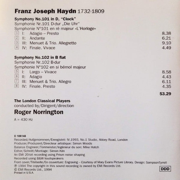 Roger Norrington, London Classical Players - Haydn: Symphonies 101 & 102 (CD) (NM or M-) - Endless Media
