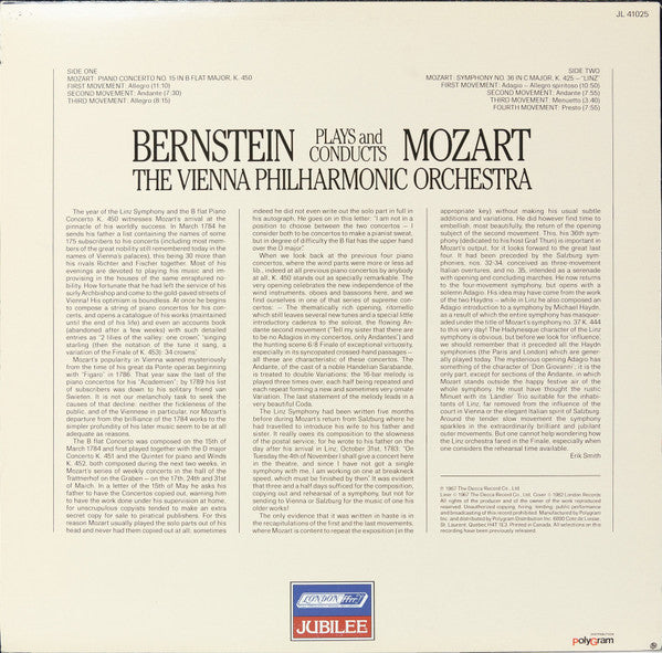 Leonard Bernstein Plays And Conducts Wolfgang Amadeus Mozart, Wiener Philharmoniker - Piano Concerto No. 15 In B Flat , K. 450 / Symphony No. 36 In C, K. 425 "Linz" (LP) (VG) - Endless Media