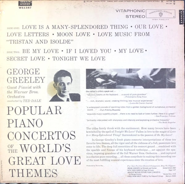 George Greeley With The Warner Brothers Orchestra - Popular Piano Concertos Of The World's Great Love Themes (LP) (G+) - Endless Media