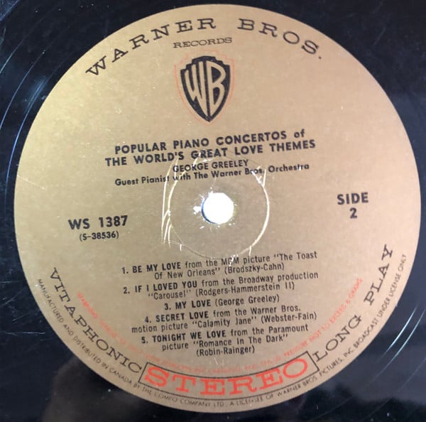George Greeley With The Warner Brothers Orchestra - Popular Piano Concertos Of The World's Great Love Themes (LP) (G+) - Endless Media