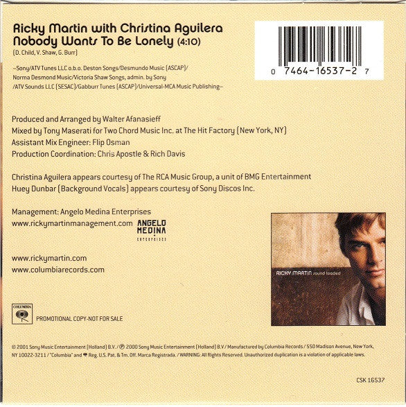 Ricky Martin With Christina Aguilera - Nobody Wants To Be Lonely (CD) (M) - Endless Media