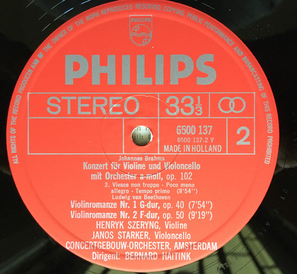 Johannes Brahms, Ludwig van Beethoven, Henryk Szeryng, Janos Starker, Concertgebouworkest, Bernard Haitink - Brahms: Double Concerto / Beethoven: The Violin Romances (LP) (VG) - Endless Media