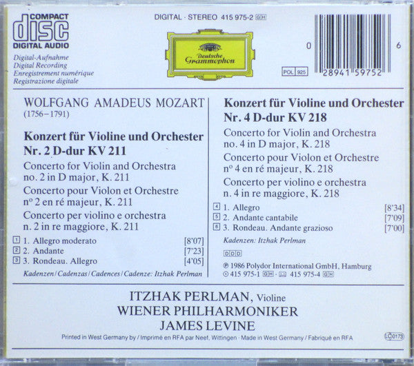 Wolfgang Amadeus Mozart - Itzhak Perlman, Wiener Philharmoniker, James Levine - Violinkonzerte Nos. 2 & 4 (CD) (NM or M-) - Endless Media