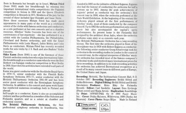 Jean Sibelius, Miriam Fried, Helsinki Philharmonic Orchestra, Okko Kamu - Violin Concerto / Karelia Suite / Finlandia (Cassette) (VG+) - Endless Media