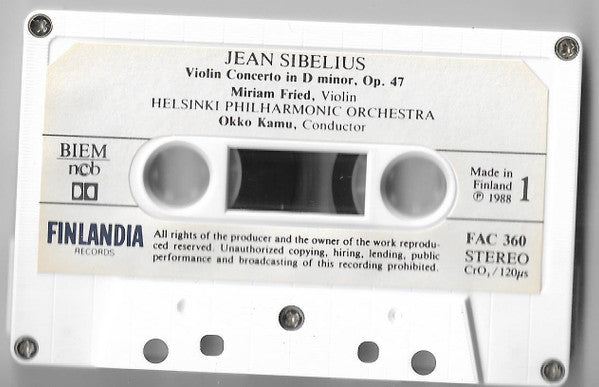 Jean Sibelius, Miriam Fried, Helsinki Philharmonic Orchestra, Okko Kamu - Violin Concerto / Karelia Suite / Finlandia (Cassette) (VG+) - Endless Media