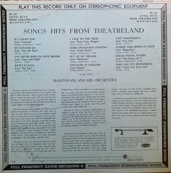 Mantovani And His Orchestra - Song Hits From Theatreland (LP) (VG) - Endless Media