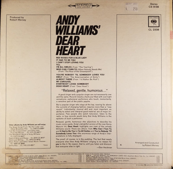 Andy Williams - Andy Williams' Dear Heart (LP) (VG+) - Endless Media