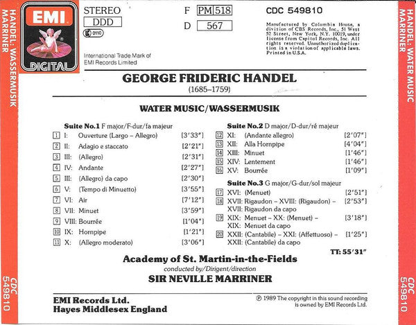 Georg Friedrich Händel, The Academy Of St. Martin-in-the-Fields, Sir Neville Marriner - Water Music/Wassermusik (CD) (NM or M-) - Endless Media