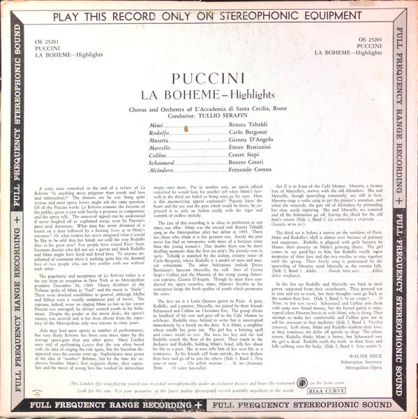 Giacomo Puccini / Renata Tebaldi, Carlo Bergonzi, Ettore Bastianini, Cesare Siepi, Fernando Corena, Tullio Serafin - La Bohème (Highlights) (LP) (VG+) - Endless Media