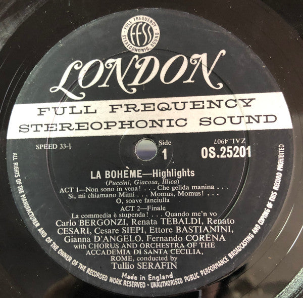 Giacomo Puccini / Renata Tebaldi, Carlo Bergonzi, Ettore Bastianini, Cesare Siepi, Fernando Corena, Tullio Serafin - La Bohème (Highlights) (LP) (VG+) - Endless Media
