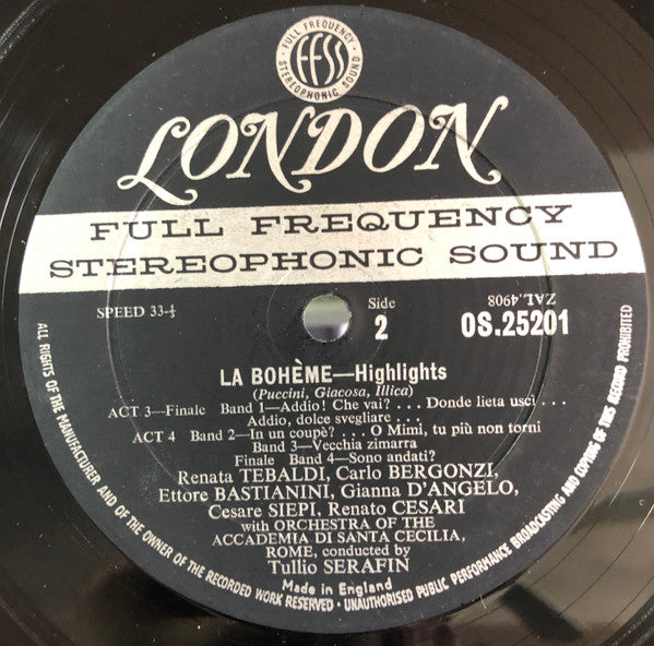 Giacomo Puccini / Renata Tebaldi, Carlo Bergonzi, Ettore Bastianini, Cesare Siepi, Fernando Corena, Tullio Serafin - La Bohème (Highlights) (LP) (VG+) - Endless Media