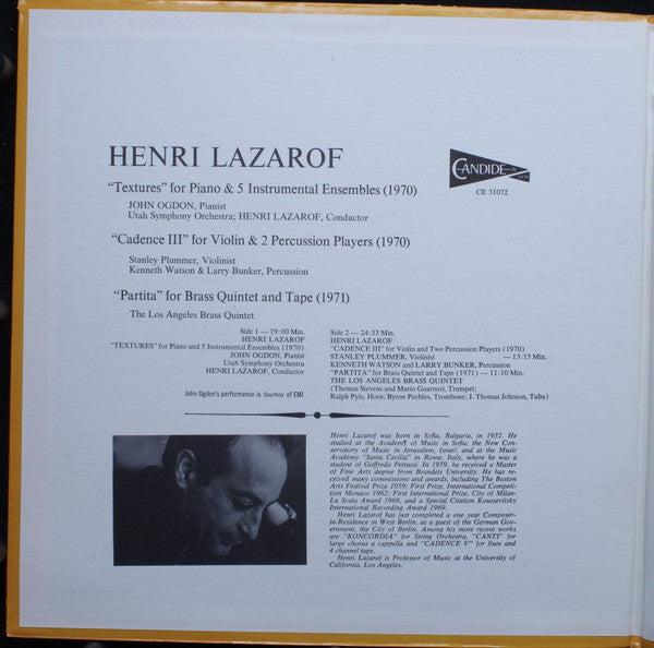 Henri Lazarof - Textures/Cadence III/Partita (Album) (VG+) - Endless Media