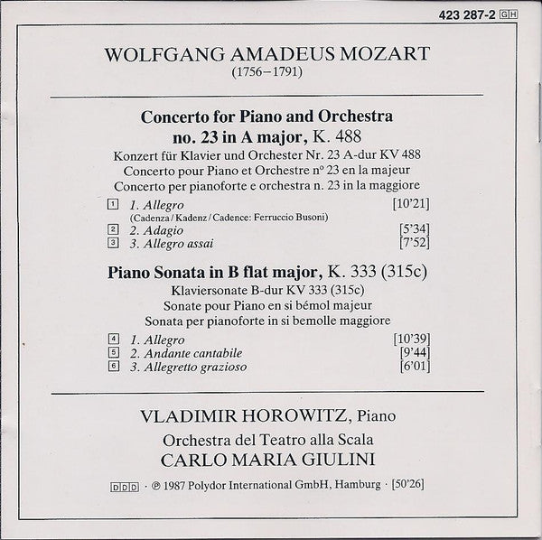 Vladimir Horowitz Plays Wolfgang Amadeus Mozart – Orchestra Del Teatro Alla Scala, Carlo Maria Giulini - Piano Concerto No. 23 K. 488 • Piano Sonata K. 333 (CD) (NM or M-) - Endless Media