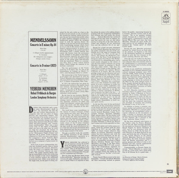 Felix Mendelssohn-Bartholdy, Yehudi Menuhin, Rafael Frühbeck De Burgos, London Symphony Orchestra - Concerto In E Minor, Op.64 / Concerto In D Minor (1822) (LP) (VG+) - Endless Media