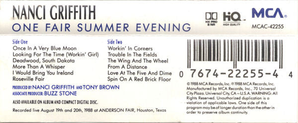 Nanci Griffith - One Fair Summer Evening (Cassette) (VG) - Endless Media