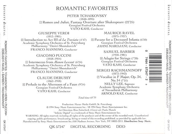 Pyotr Ilyich Tchaikovsky, Samuel Barber, Giacomo Puccini, Claude Debussy, Giuseppe Verdi, Maurice Ravel, Sergei Vasilyevich Rachmaninoff - Romantic Favorites (CD) (VG+) - Endless Media
