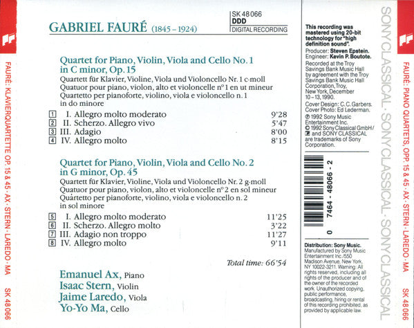 Gabriel Fauré : Emanuel Ax • Isaac Stern • Jaime Laredo • Yo-Yo Ma - Piano Quartets (CD) (VG+) - Endless Media