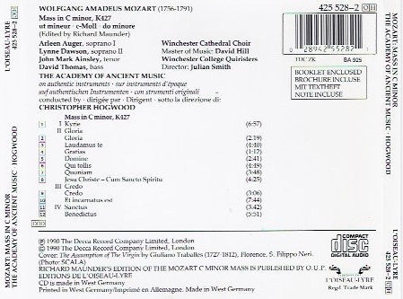 Wolfgang Amadeus Mozart - Christopher Hogwood, Arleen Auger, Lynne Dawson, John Mark Ainsley, David Thomas , Winchester Cathedral Choir, Winchester College Quiristers, The Academy Of Ancient Music - Mass In C Minor, K. 427 (CD) (VG) - Endless Media