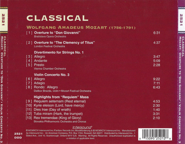 Wolfgang Amadeus Mozart - Classical: Mozart: Overture To "Don Giovanni" · Violin Concerto No. 3 (CD) (M) - Endless Media