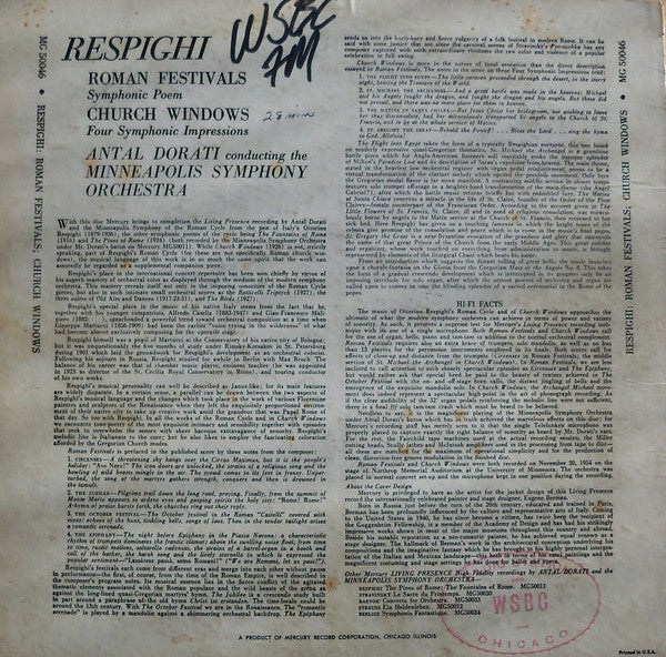 Ottorino Respighi / Antal Dorati Conducting The Minneapolis Symphony Orchestra - Roman Festivals - Church Windows (LP) (VG+) - Endless Media