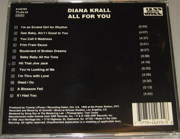 Diana Krall : All For You (A Dedication To The Nat King Cole Trio) (CD, Album, Club)