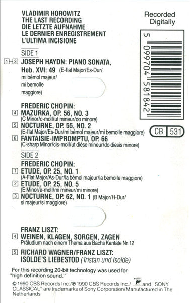 Vladimir Horowitz, Frédéric Chopin, Joseph Haydn, Franz Liszt, Richard Wagner : The Last Recording (Cass)