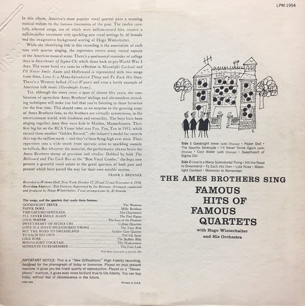 The Ames Brothers With Hugo Winterhalter Orchestra : The Ames Brothers Sing Famous Hits Of Famous Quartets (LP, Mono, RE)