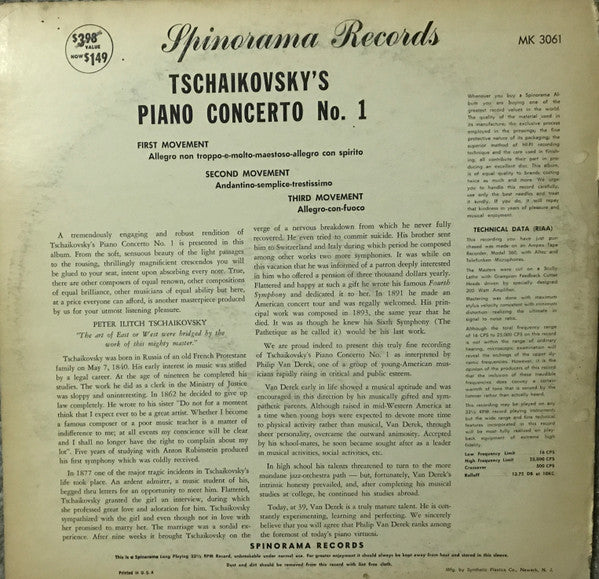 Pyotr Ilyich Tchaikovsky - Phillip Van Derek Conducting Hans Ledermann Conducting The Sonor Symphony Orchestra : Piano Concerto No. 1 (LP)