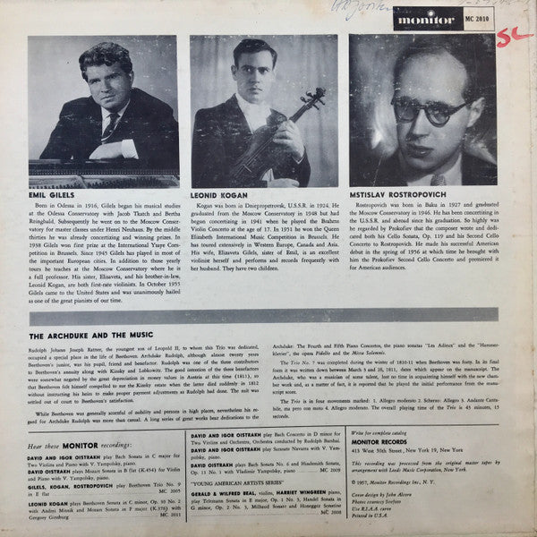 Ludwig van Beethoven - Emil Gilels, Leonid Kogan, Mstislav Rostropovich : "The Archduke Trio" In B Flat Major, Op. 97 For Violin, Cello, And Piano (LP, Mono, RP, Yel)