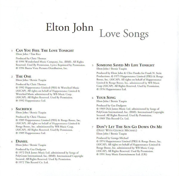 Elton John : Love Songs (CD, Comp, Club, RM, RP, WEA)