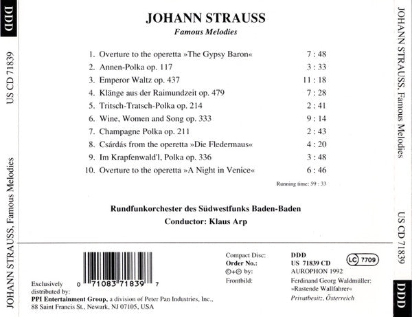 Johann Strauss Jr., Rundfunkorchester Des Südwestfunks, Klaus Arp : Famous Melodies (CD, Album)