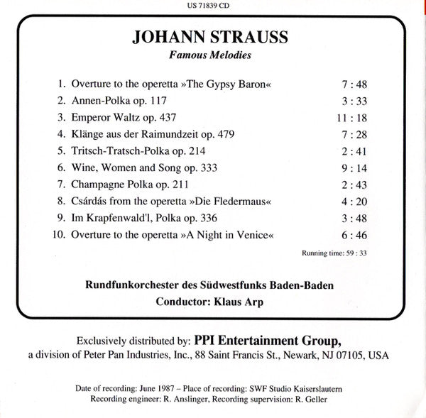 Johann Strauss Jr., Rundfunkorchester Des Südwestfunks, Klaus Arp : Famous Melodies (CD, Album)